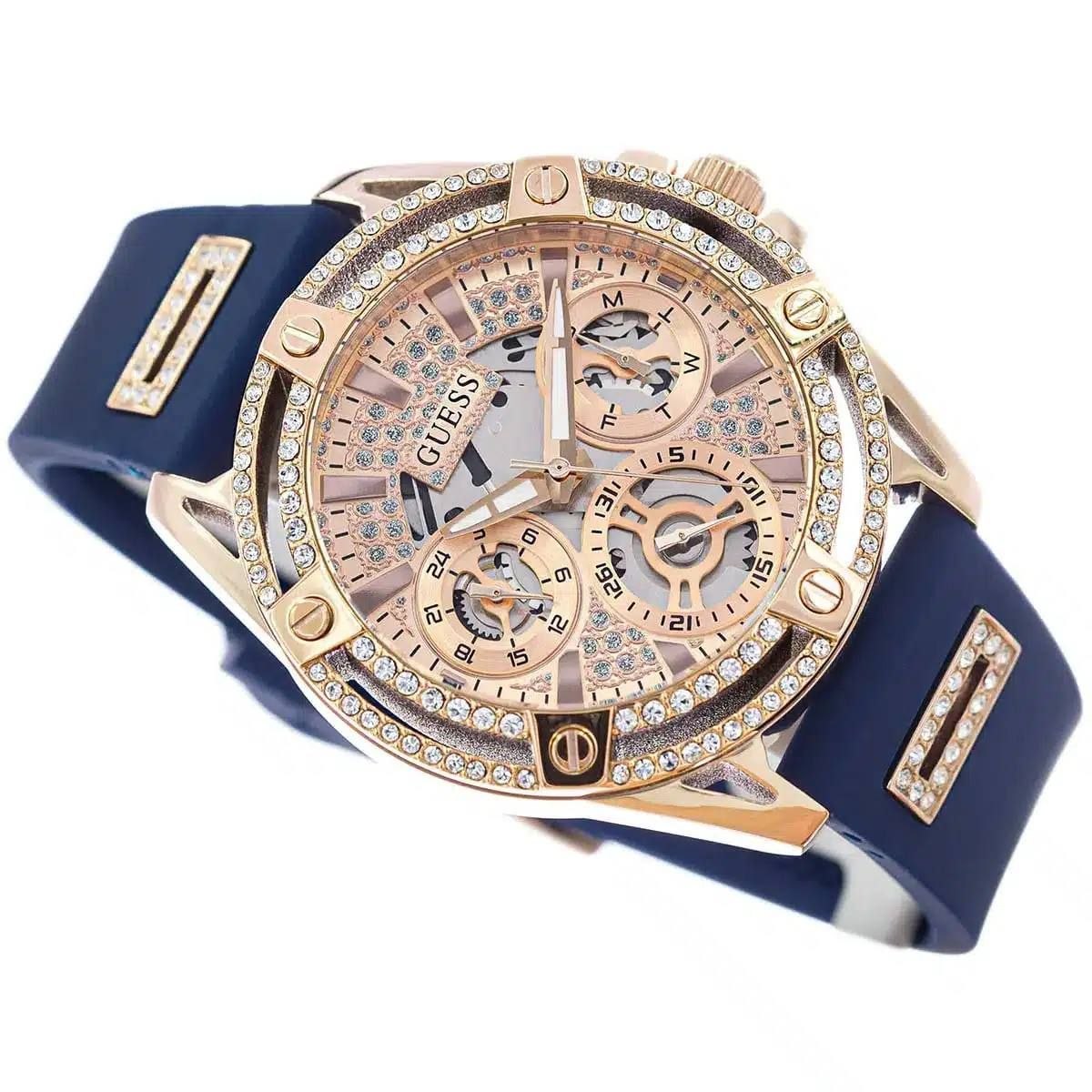 GUESS Queen Multifunction Rose Gold Dial Blue Silicone Watch