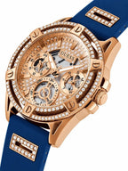 GUESS Queen Multifunction Rose Gold Dial Blue Silicone Watch